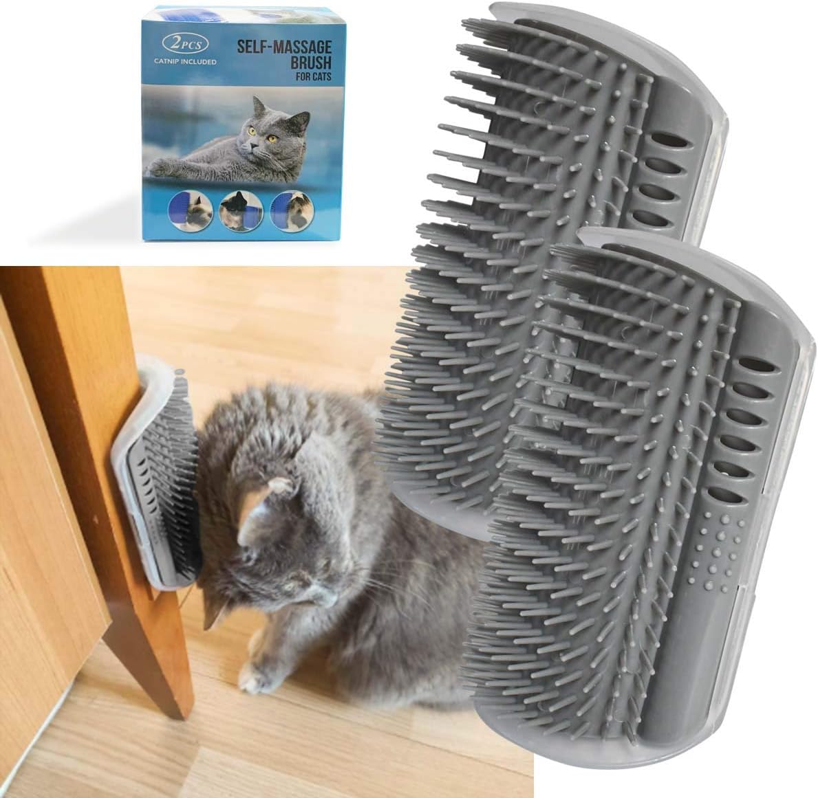Yuntop 2 pack softer cat corner self groomer front view with gray finish