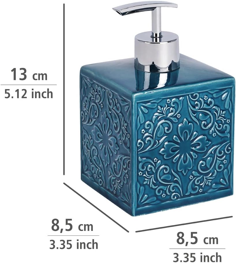 Wenko Cordoba Blue ceramic dispenser angled side perspective
