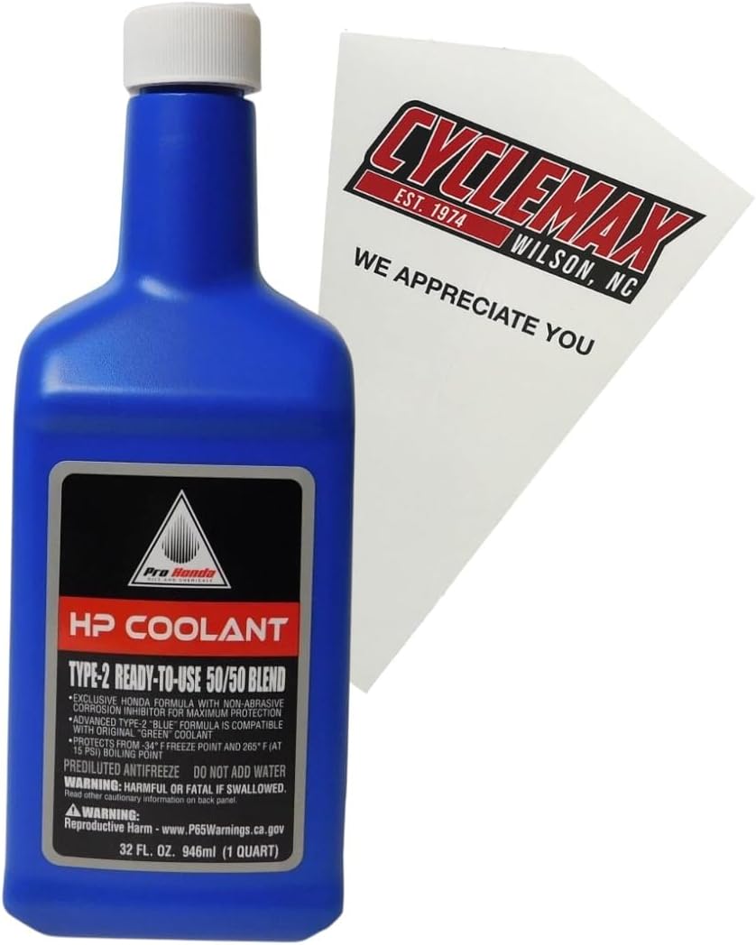 Cyclemax Honda HP Coolant One Pack front view with blue bottle and clear pouring funnel.