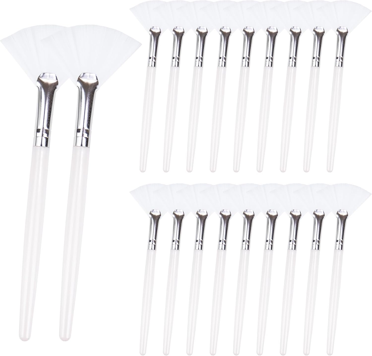 Suptizizkz 20 Pieces Fan Brushes Facial Applicator front view showcasing soft white synthetic bristles.