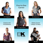 Parent wearing the easy slip-on baby wrap carrier like a t-shirt without buckles or rings.