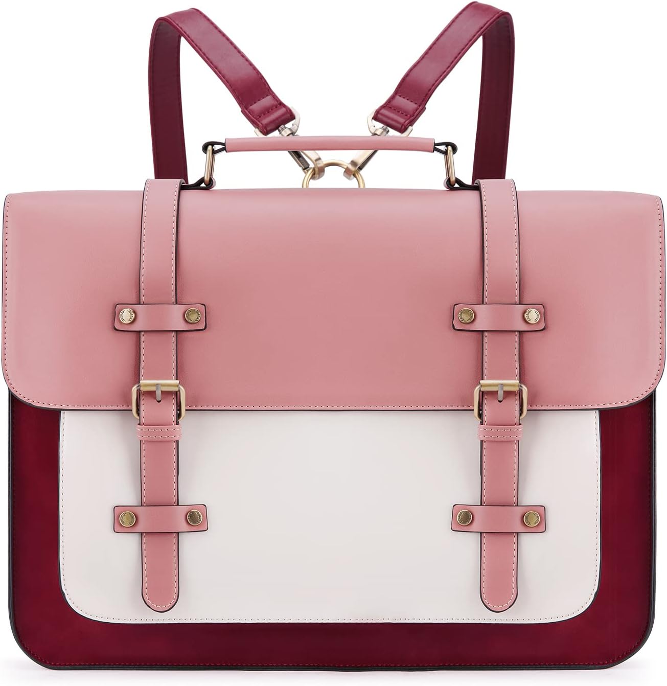 ECOSUSI Laptop Messenger Bag for Women front view showcasing the premium pink vegan leather exterior and elegant briefcase silhouette.