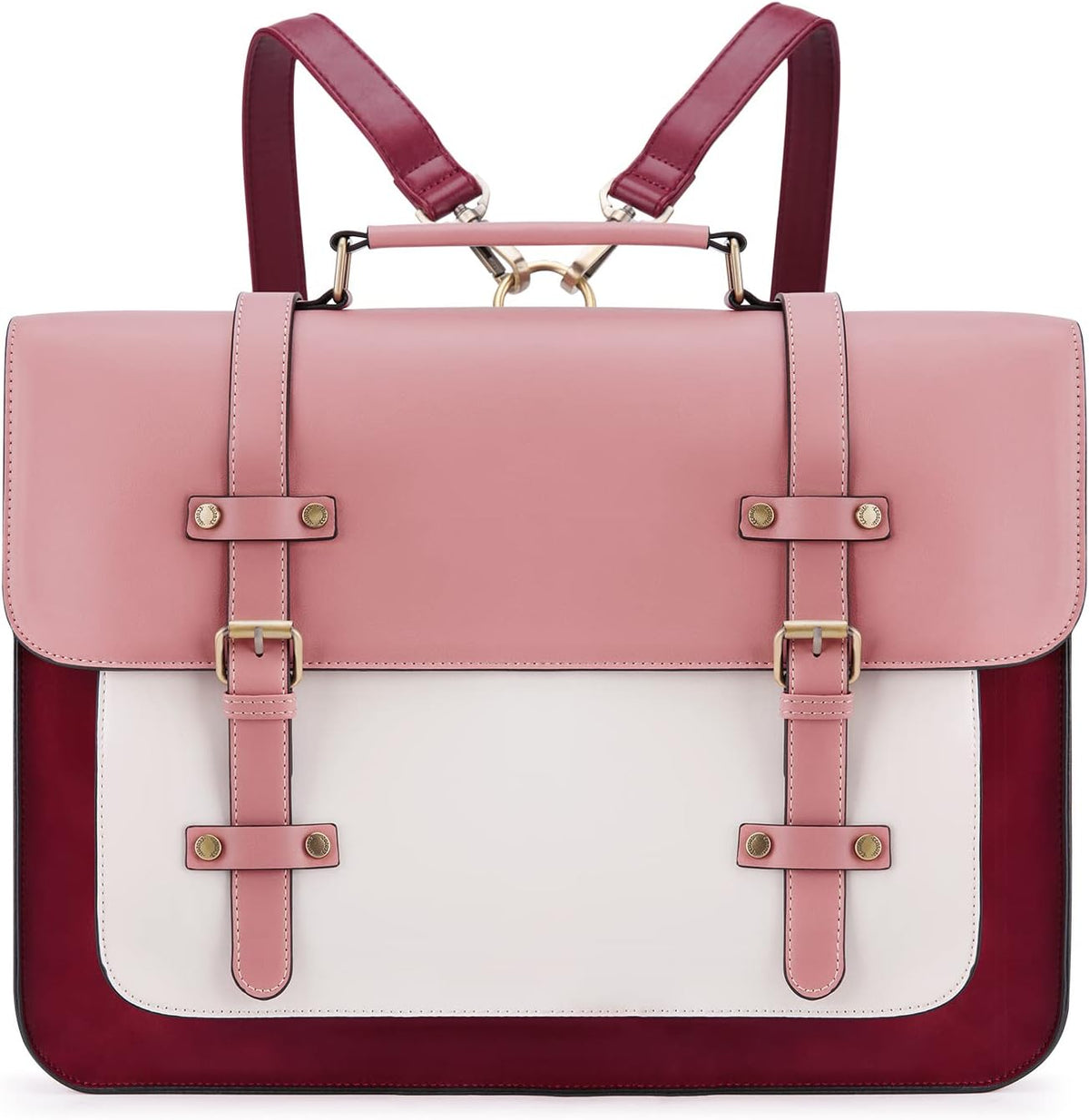 ECOSUSI Laptop Messenger Bag for Women front view showcasing the premium pink vegan leather exterior and elegant briefcase silhouette.