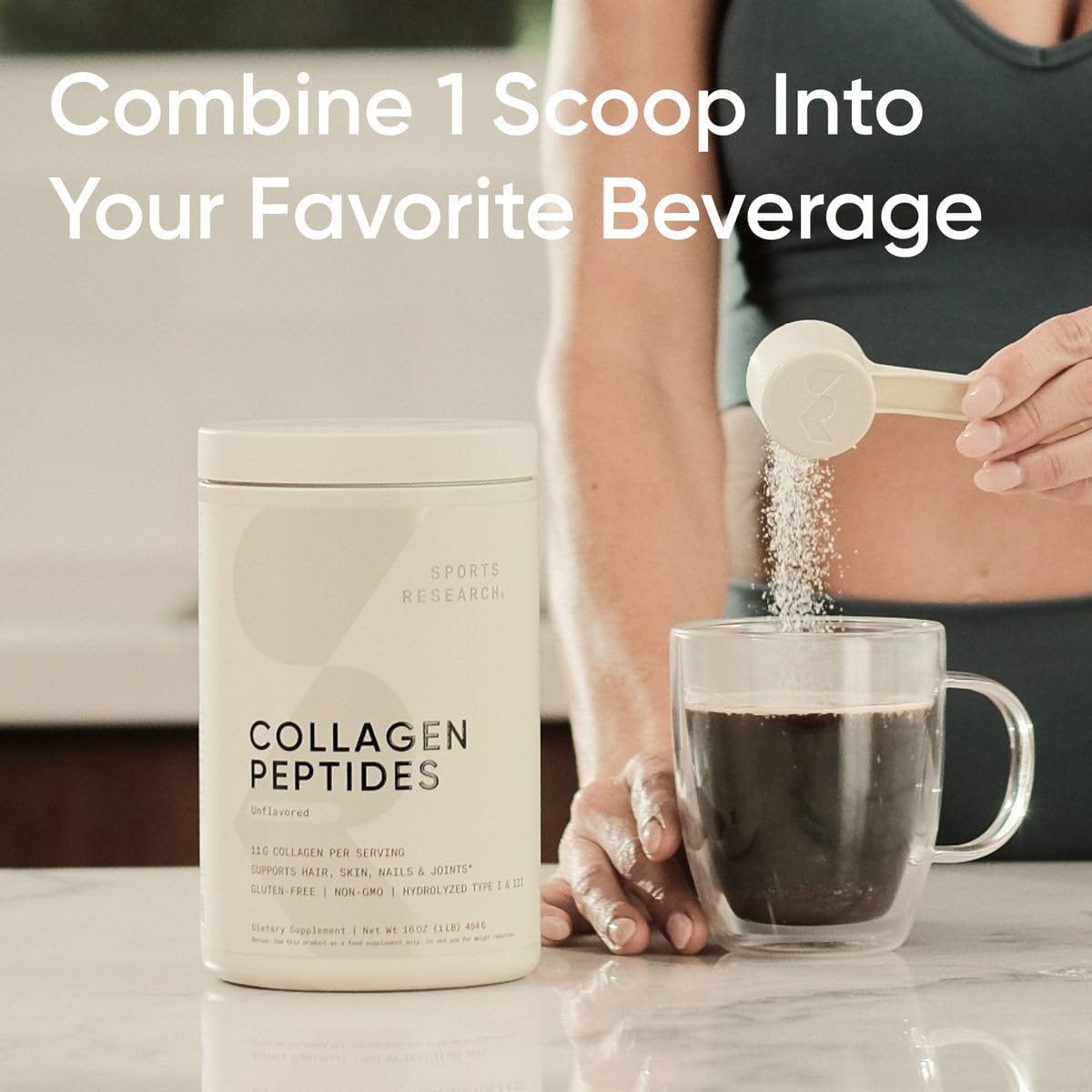 Scoop of Sports Research Type 1 and 3 collagen powder showing fine texture