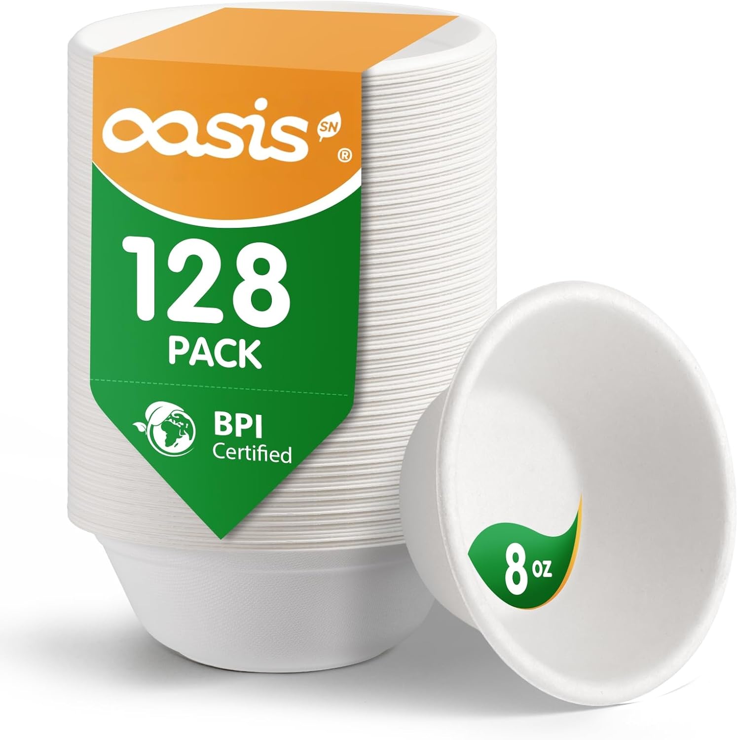 OasisSN 8 Fluid Ounce compostable bagasse paper bowls front view