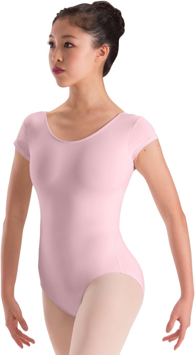 Motionwear cap sleeve dance leotard full length lifestyle studio shot