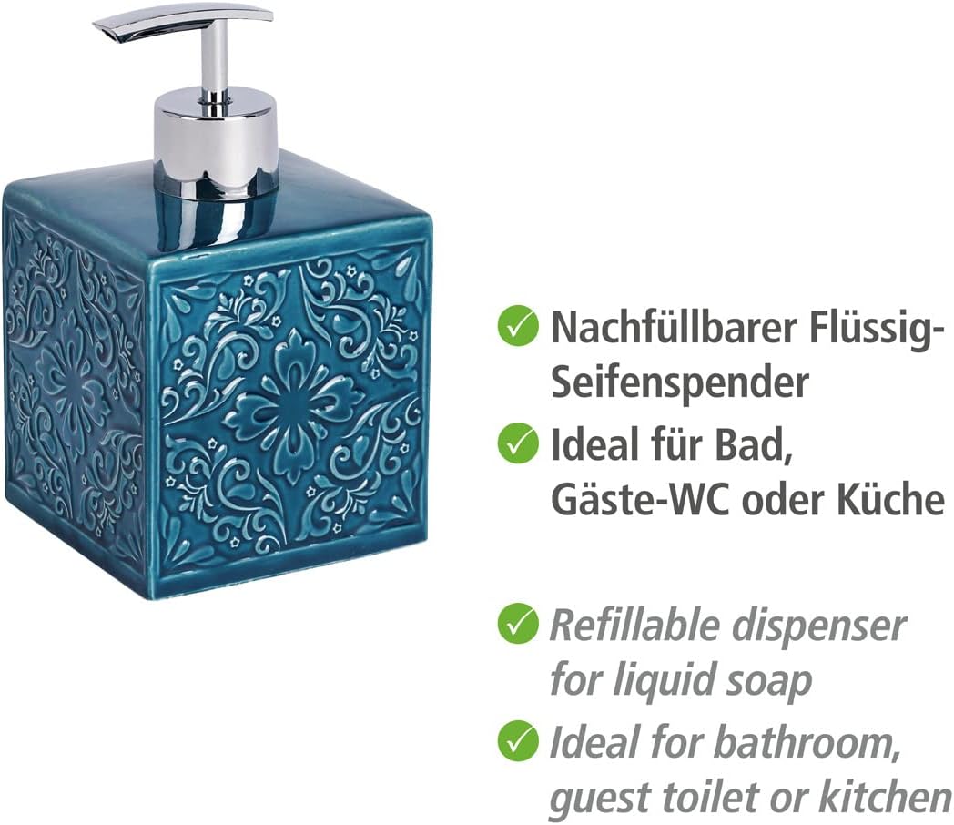 Wenko Cordoba Blue liquid soap pump chrome nozzle detail