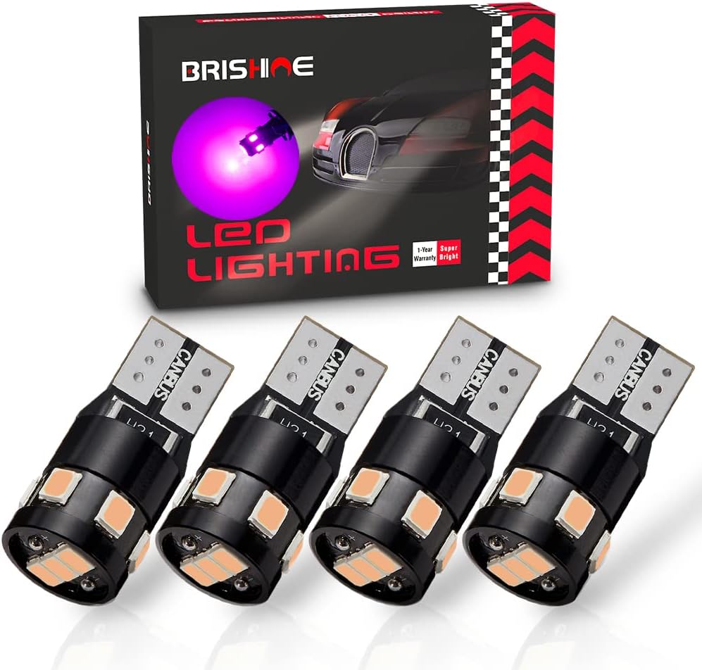BRISHINE Purple T10 LED Bulbs pack of four front view showing premium aluminum body structure