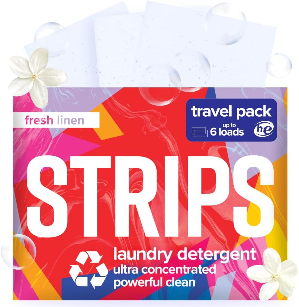TenderGentle STRIPS Laundry Detergent Sheets Fresh Linen travel pack front view showing packaging details.