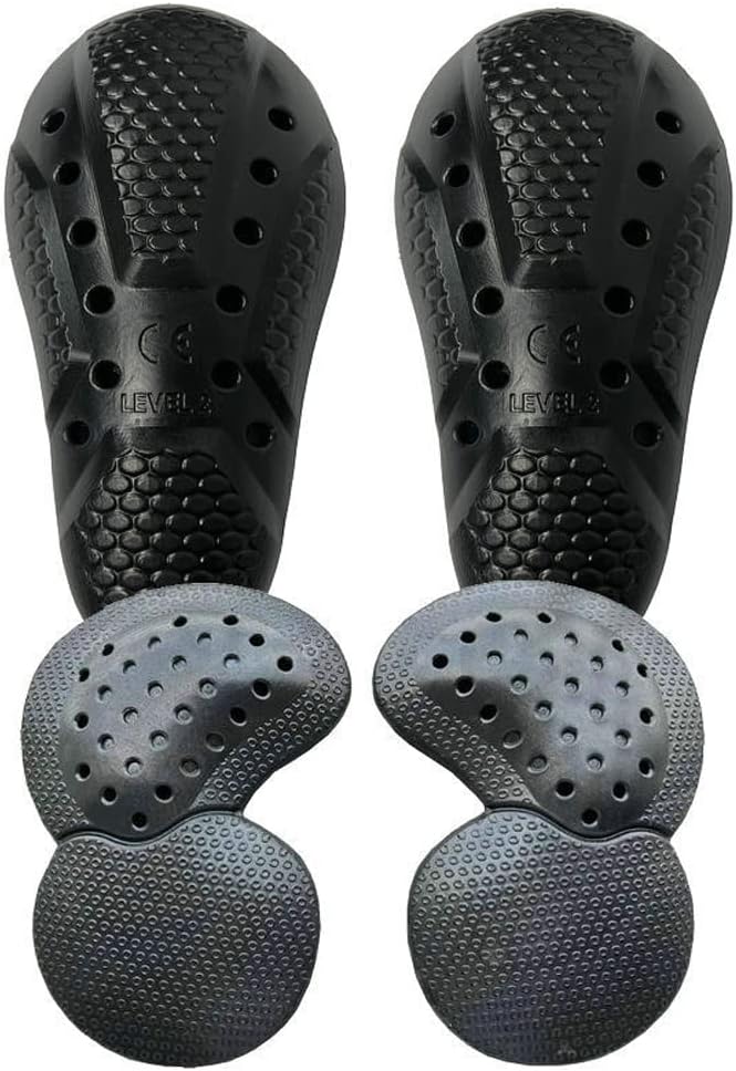 Takuey CE armor knee hip pads front view showing ventilated gel cushion inserts for motorcycle pants.