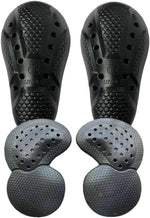 Takuey CE armor knee hip pads front view showing ventilated gel cushion inserts for motorcycle pants.