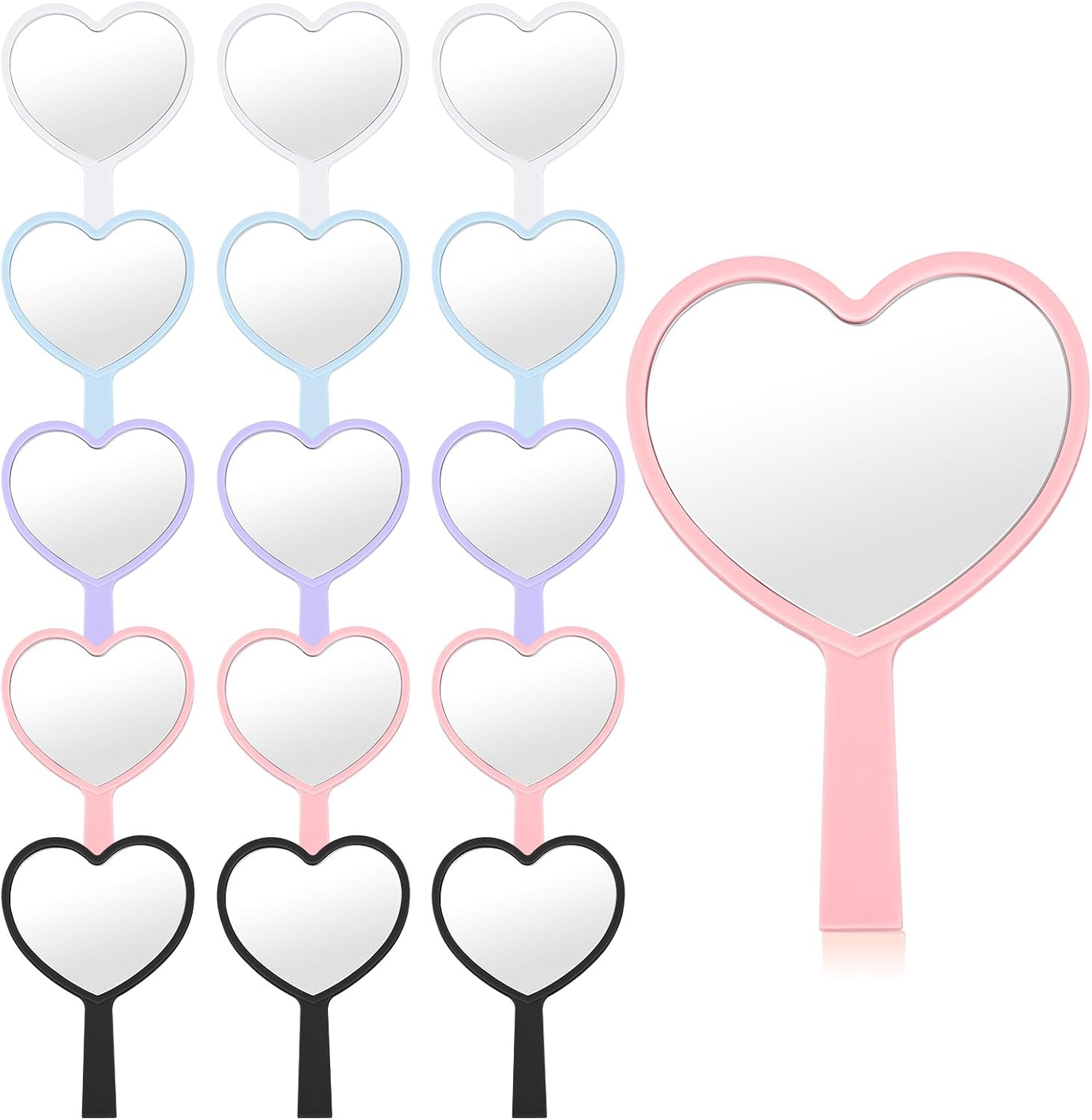 Menkxi 15 piece heart shaped handheld mirror set front view showing assorted bright colors