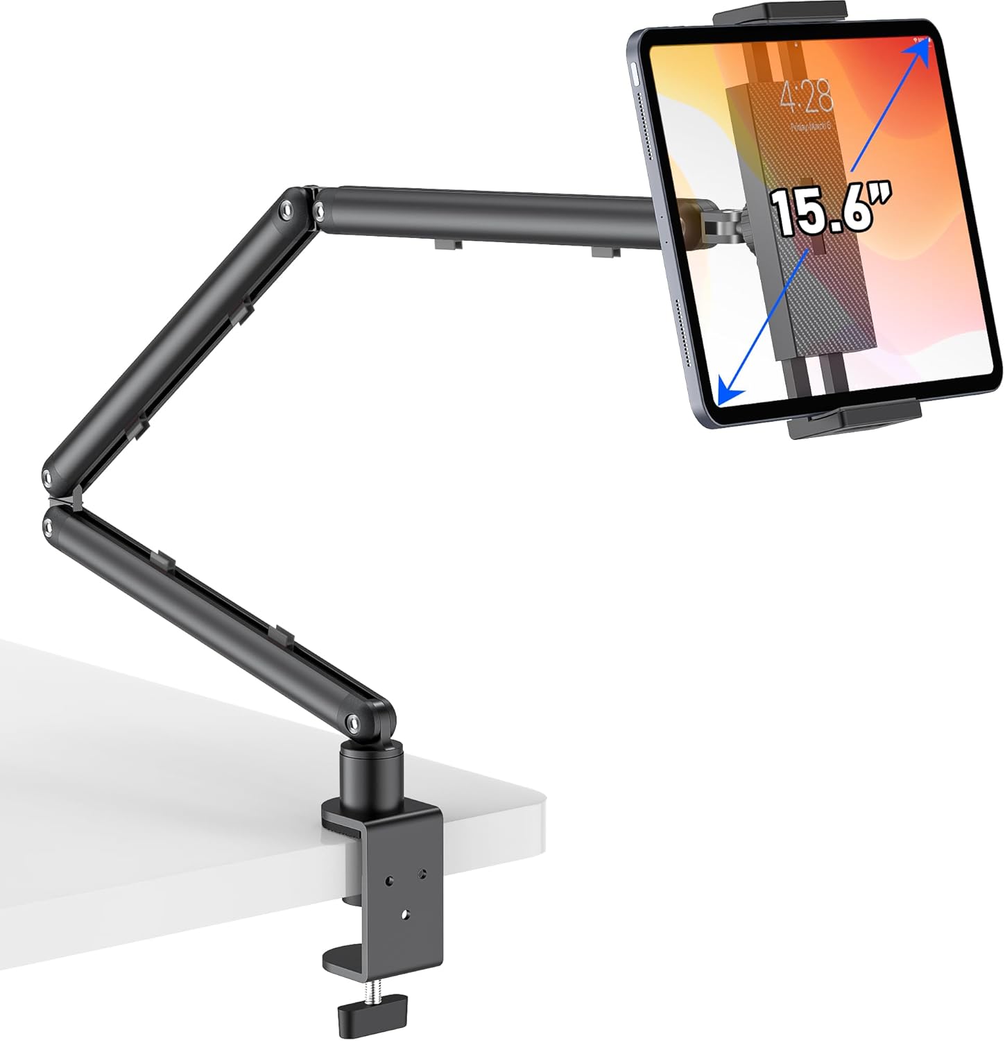 TeQable aluminum long arm tablet desk mount front view holding a large iPad Pro above an organized office workstation.