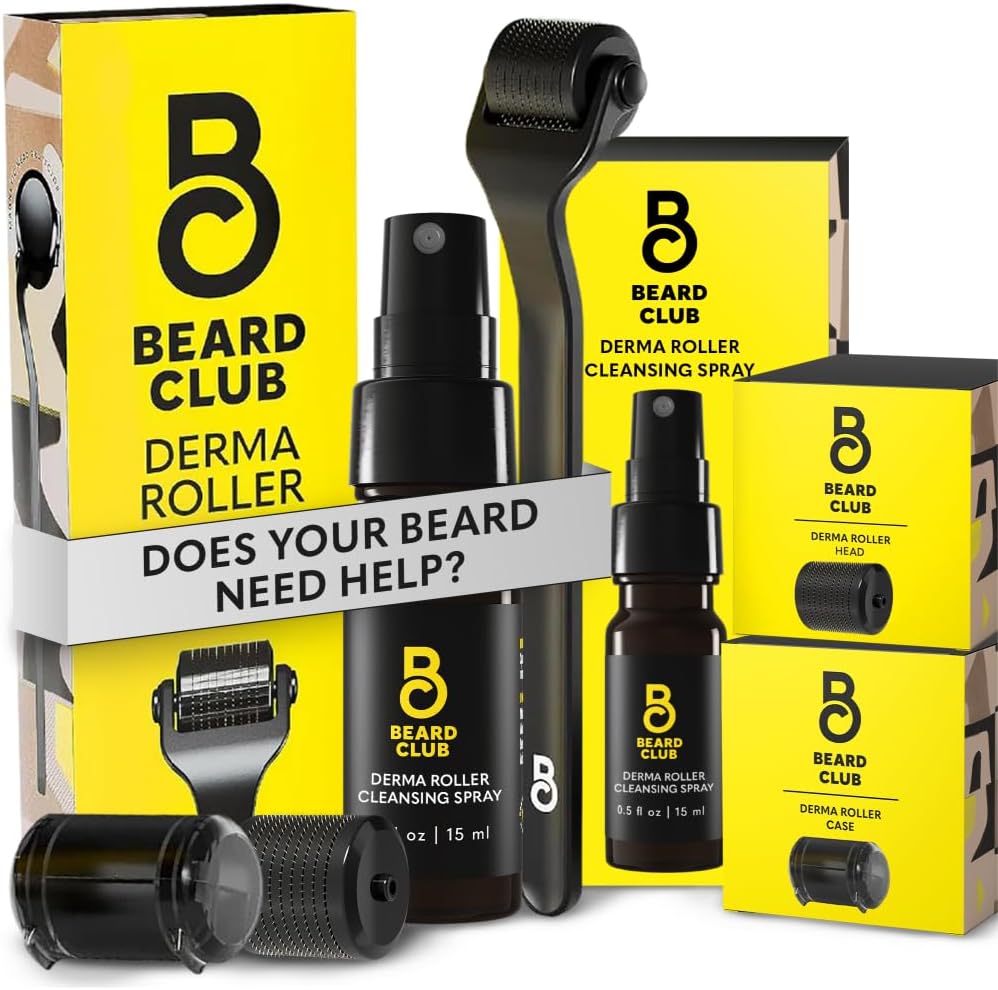 The Beard Club Premium Derma Roller Kit front view showing weighted metal handle, replacement head, and cleansing spray bottle