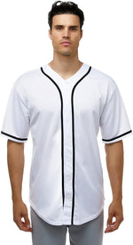 JC DISTRO Men's Micro Polyester Baseball Jersey front view in white with black piping