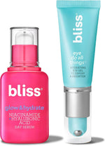 Bliss Glow and Hydrate Serum and Eye Gel spa skincare set front view