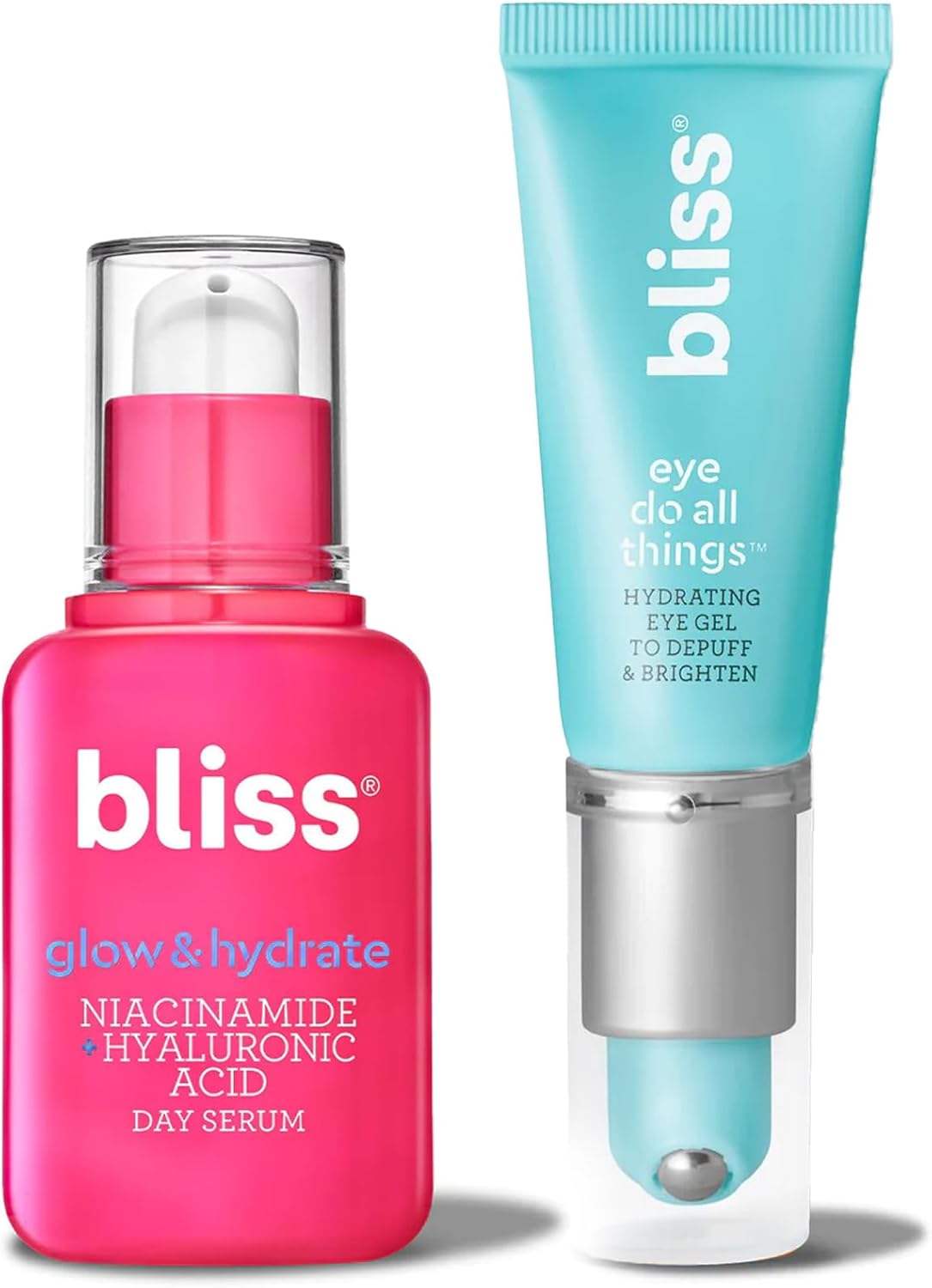Bliss Glow and Hydrate Serum and Eye Gel spa skincare set front view