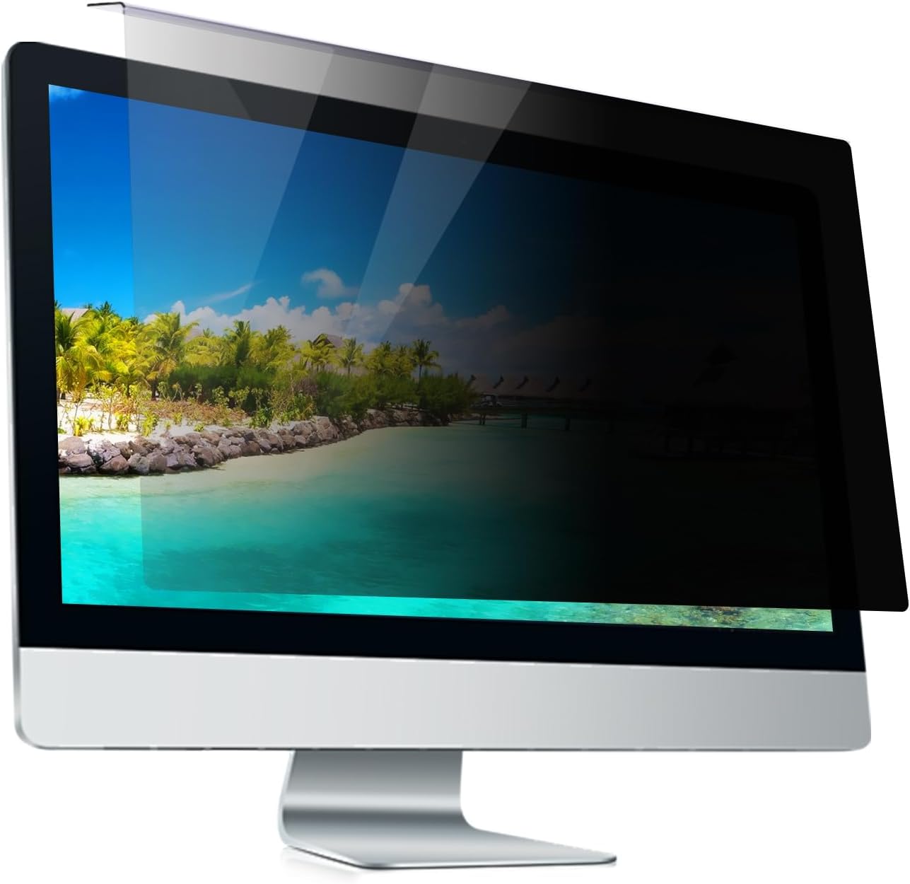 Aelxcevt hanging computer privacy screen protector front view on a twenty-four inch desktop monitor.