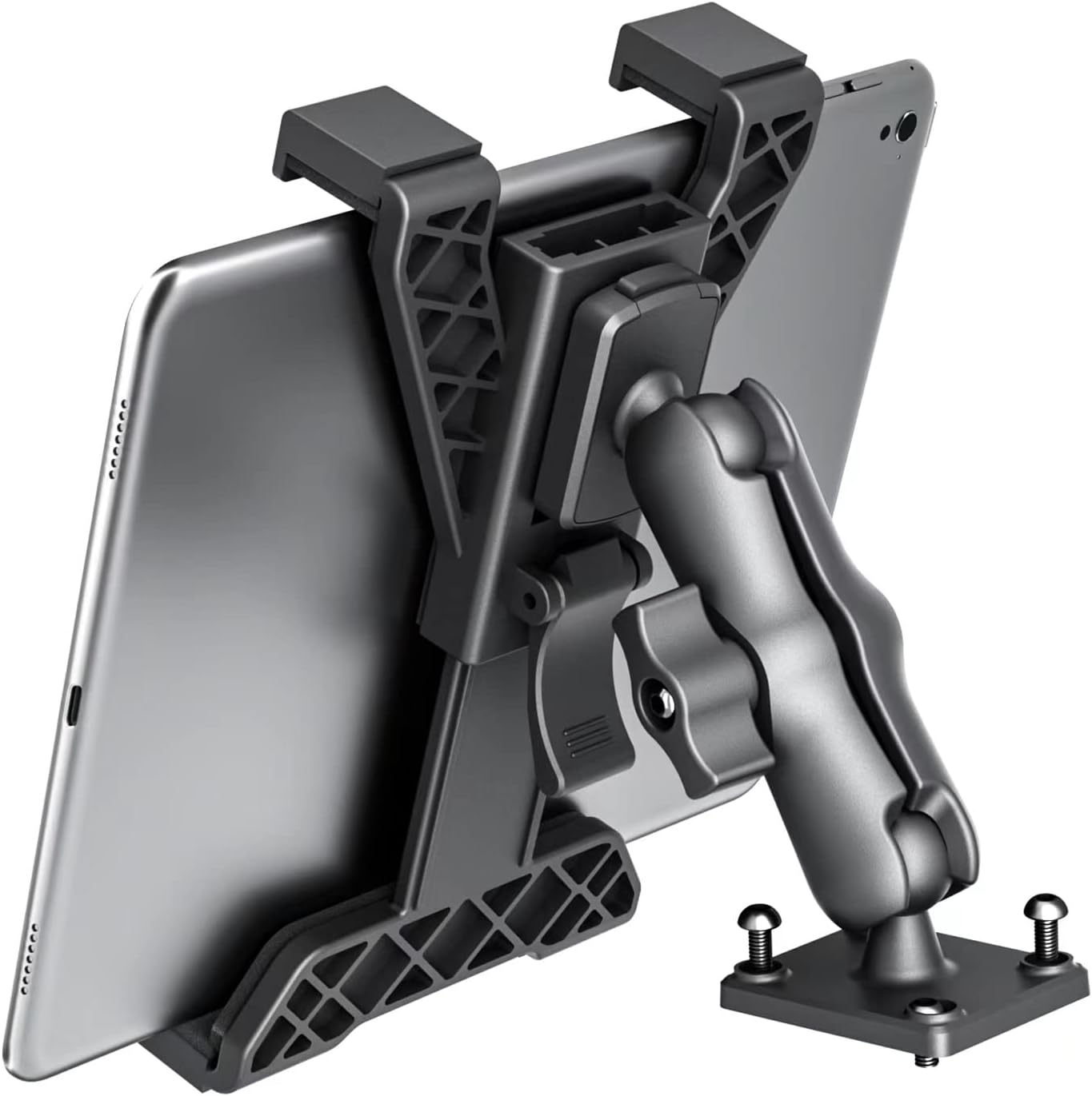 OHLPRO Heavy Duty Drill Base Tablet Holder front view mounted on a commercial truck dashboard showing secure clamp
