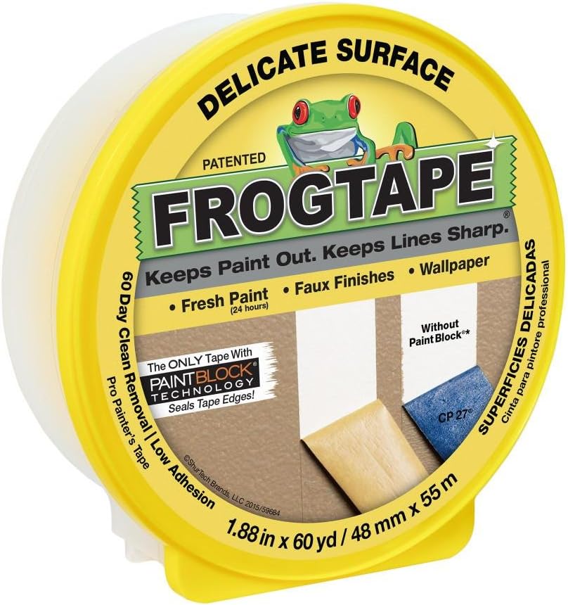 FrogTape Delicate Surface Painters Tape with PAINTBLOCK, 2 in Wide (1.88 in x 60 yd), Low Adhesion, Painting Tape Ideal for Freshly Painted Walls, Trim & Surfaces, Yellow, 1 Roll (280222) - Image 15