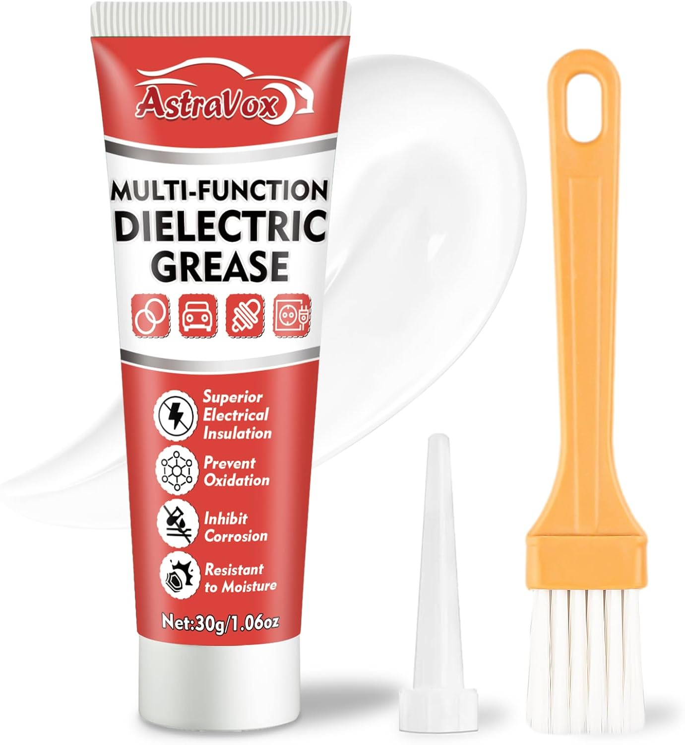 AstraVox Silicone Dielectric Grease 1 ounce tube front view showcasing premium electrical insulation compound.
