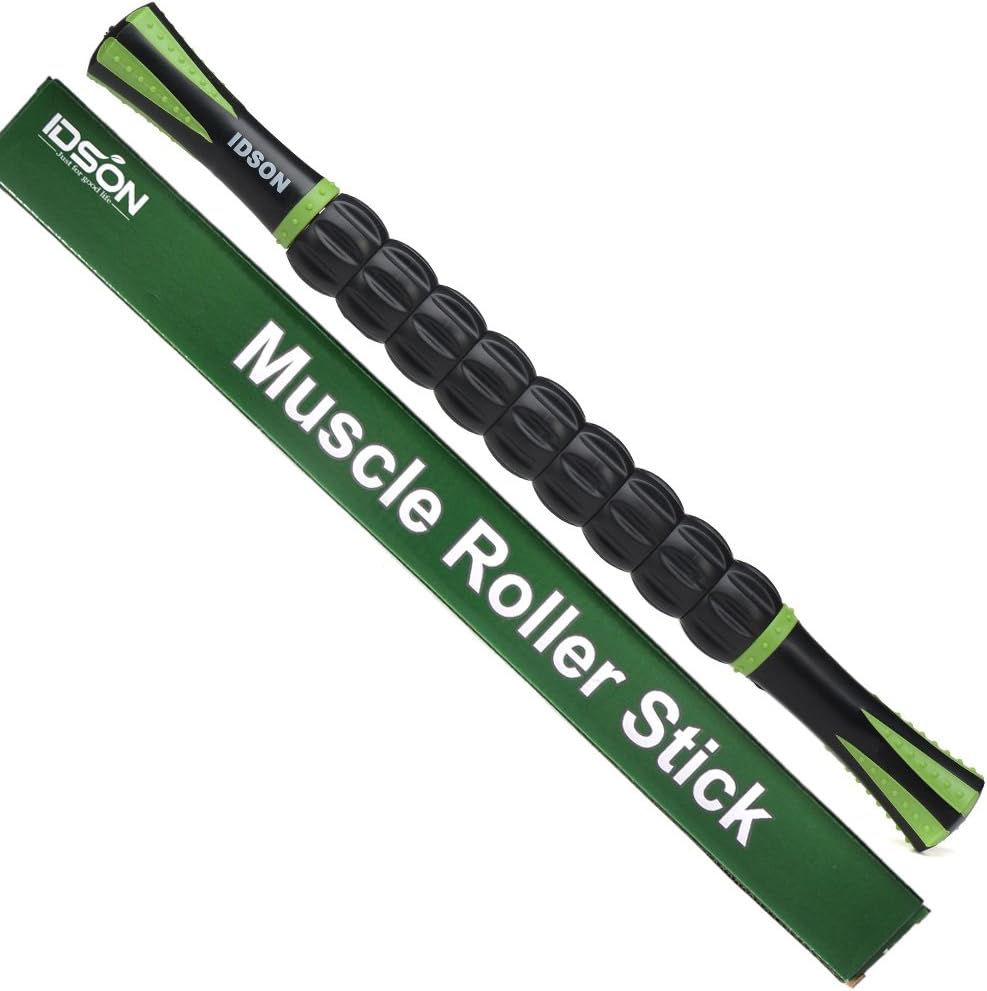 Idson Muscle Roller Stick front view showing black and green independent rollers