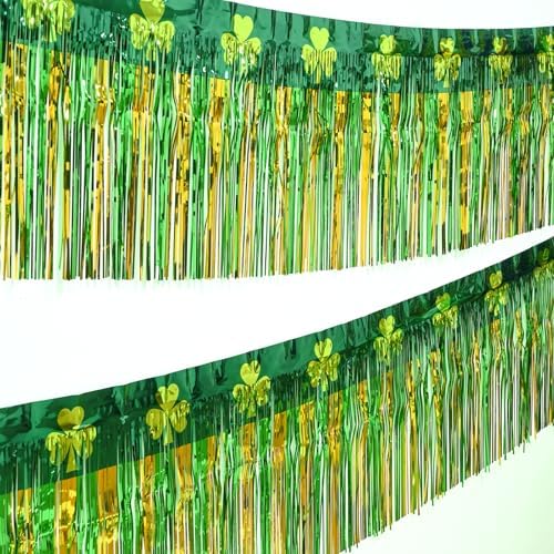 Close up look at the shimmering green and gold shamrock pattern on the lightweight metal foil garland.