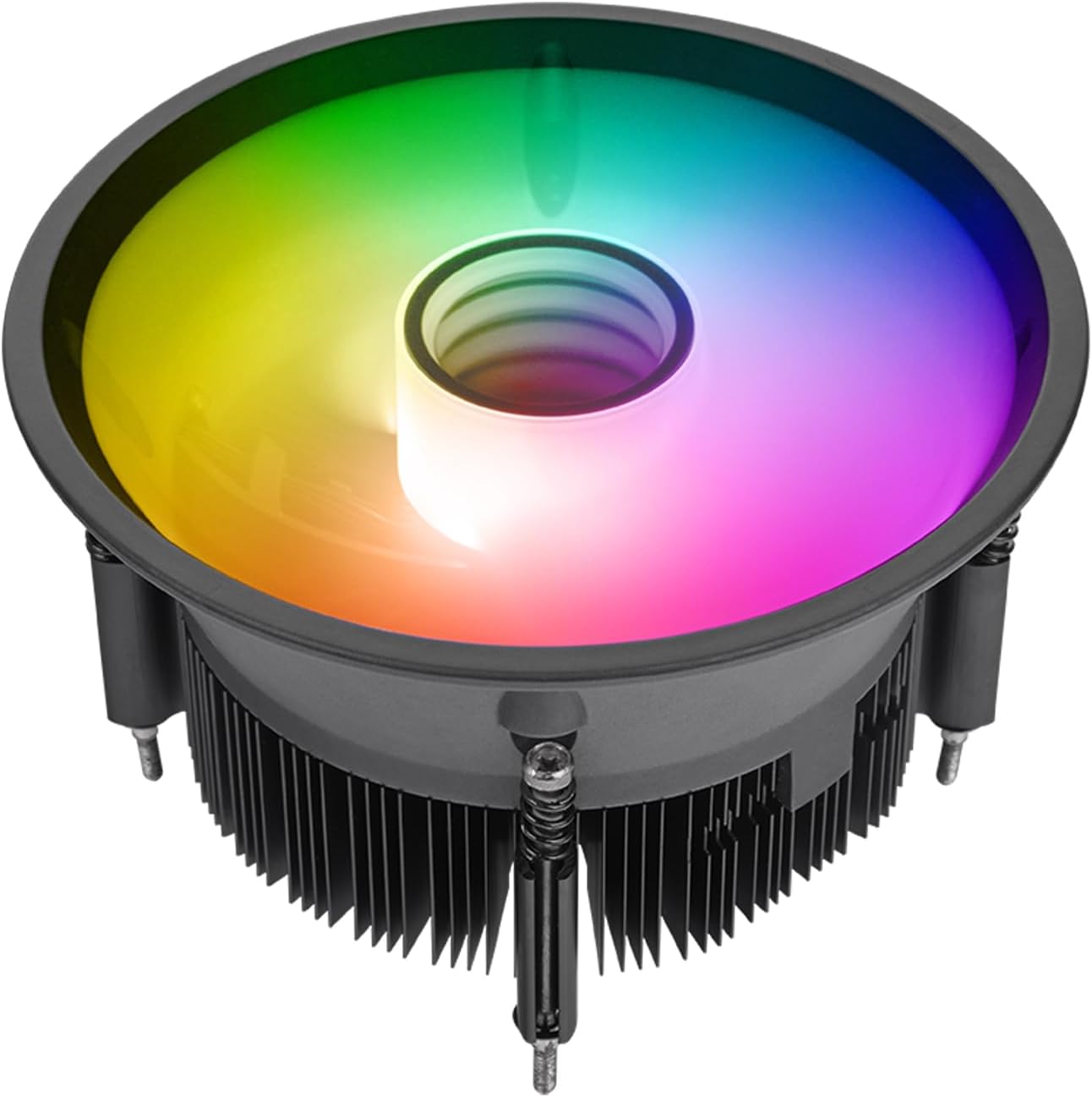 Thermaltake UX150 ARGB CPU Cooler front view showing the infinity mirror center hub and rainbow light effects.
