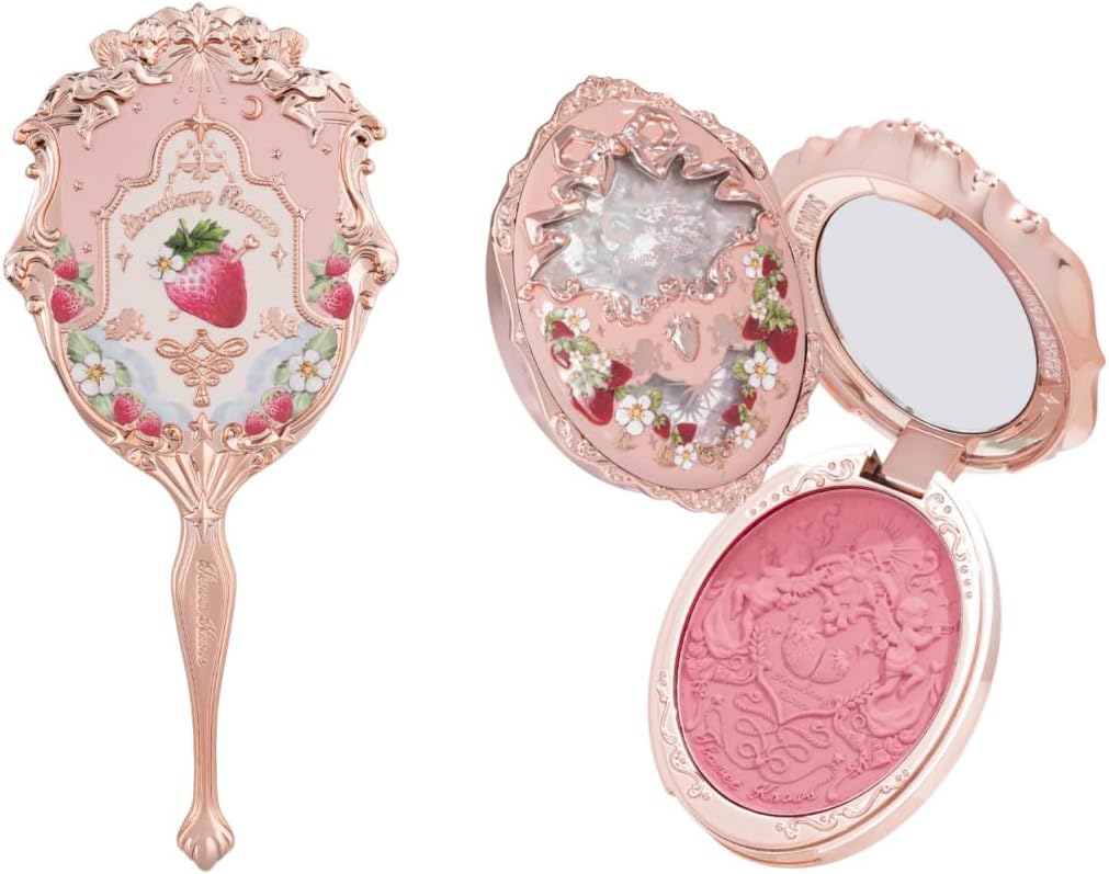 Flower Knows Strawberry Rococo Embossed Blush 05 and Soft Pink Hand Mirror set front view