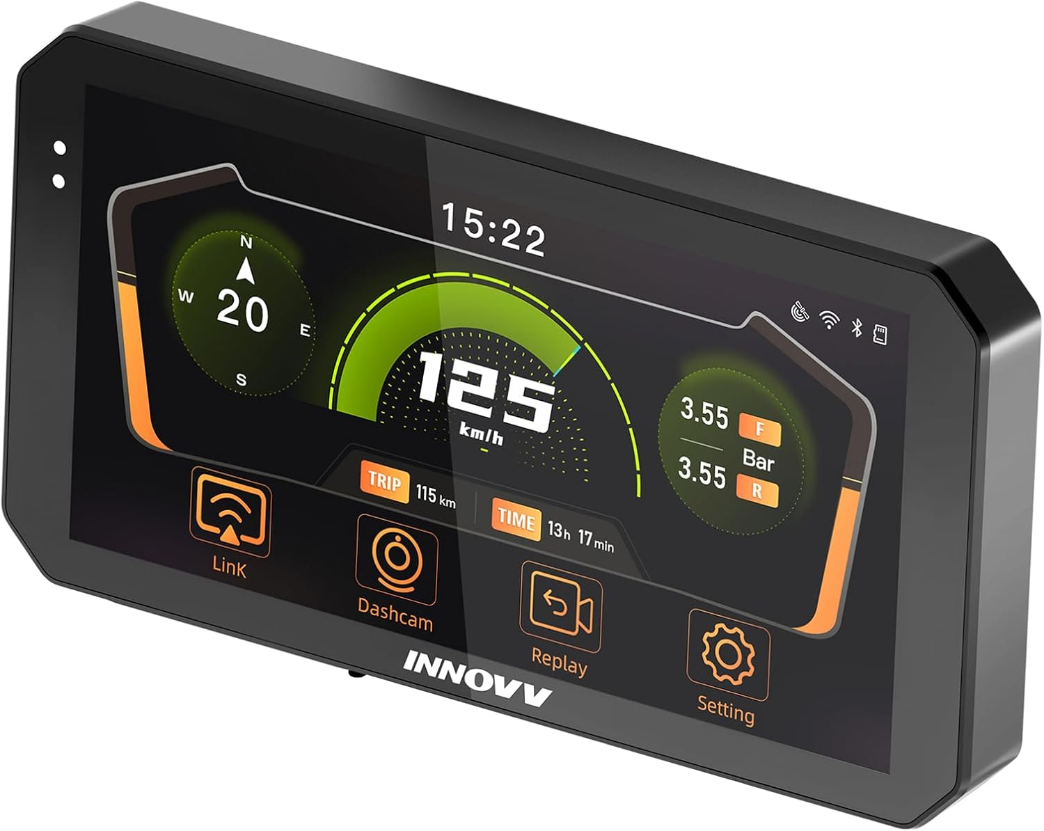 INNOVV N2 motorcycle smart navigation system front view showing the crisp six inch touchscreen display.