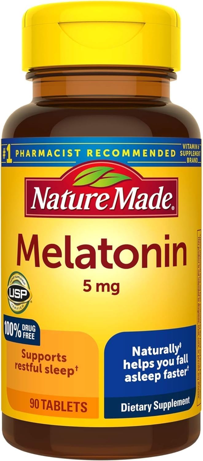 Nature Made maximum strength melatonin 5 milligram tablets front view bottle packaging