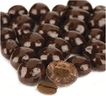 Close up of gourmet dark chocolate coffee beans in a resealable pouch