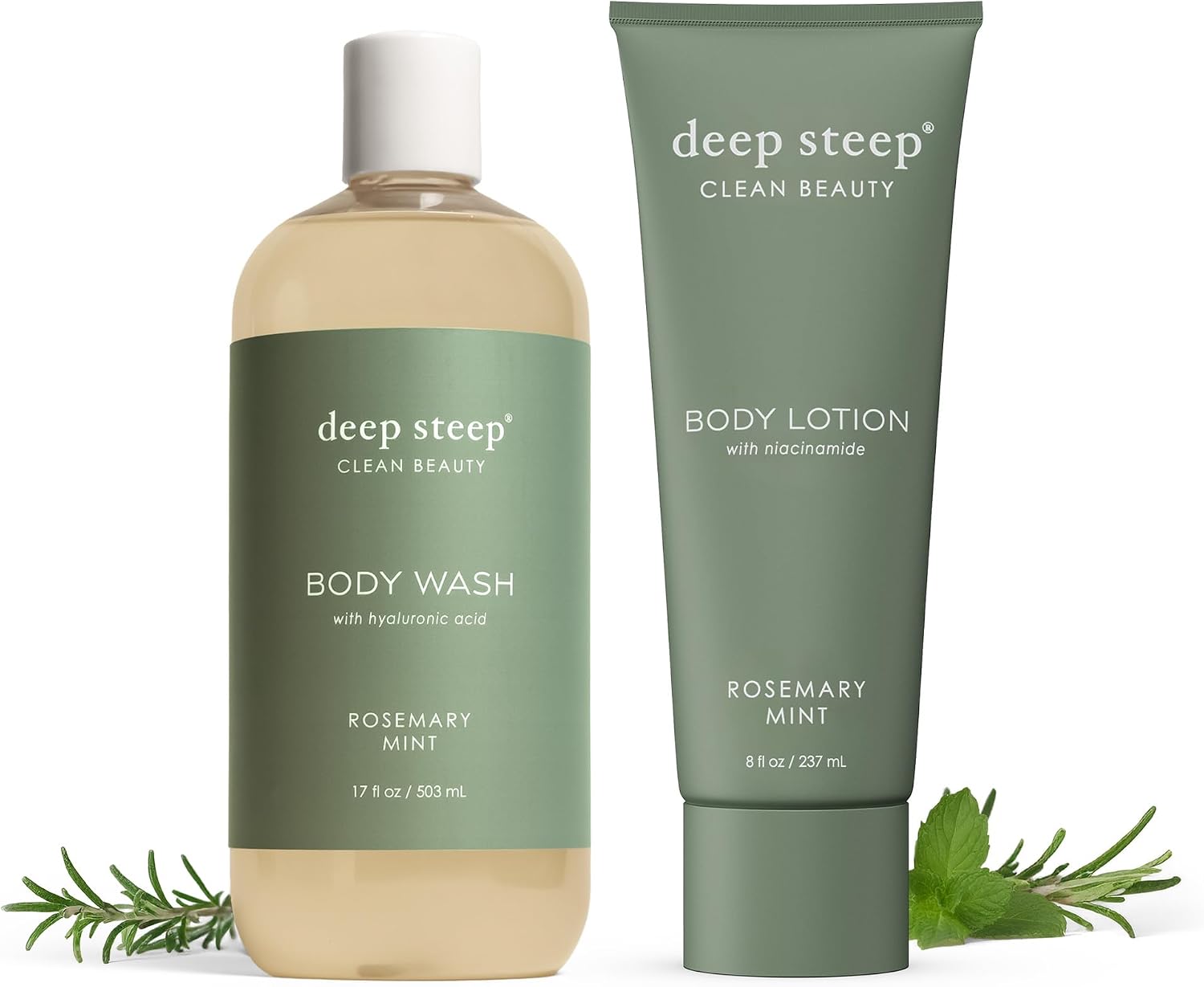 Deep Steep rosemary mint body wash and lotion bundle front view packaging