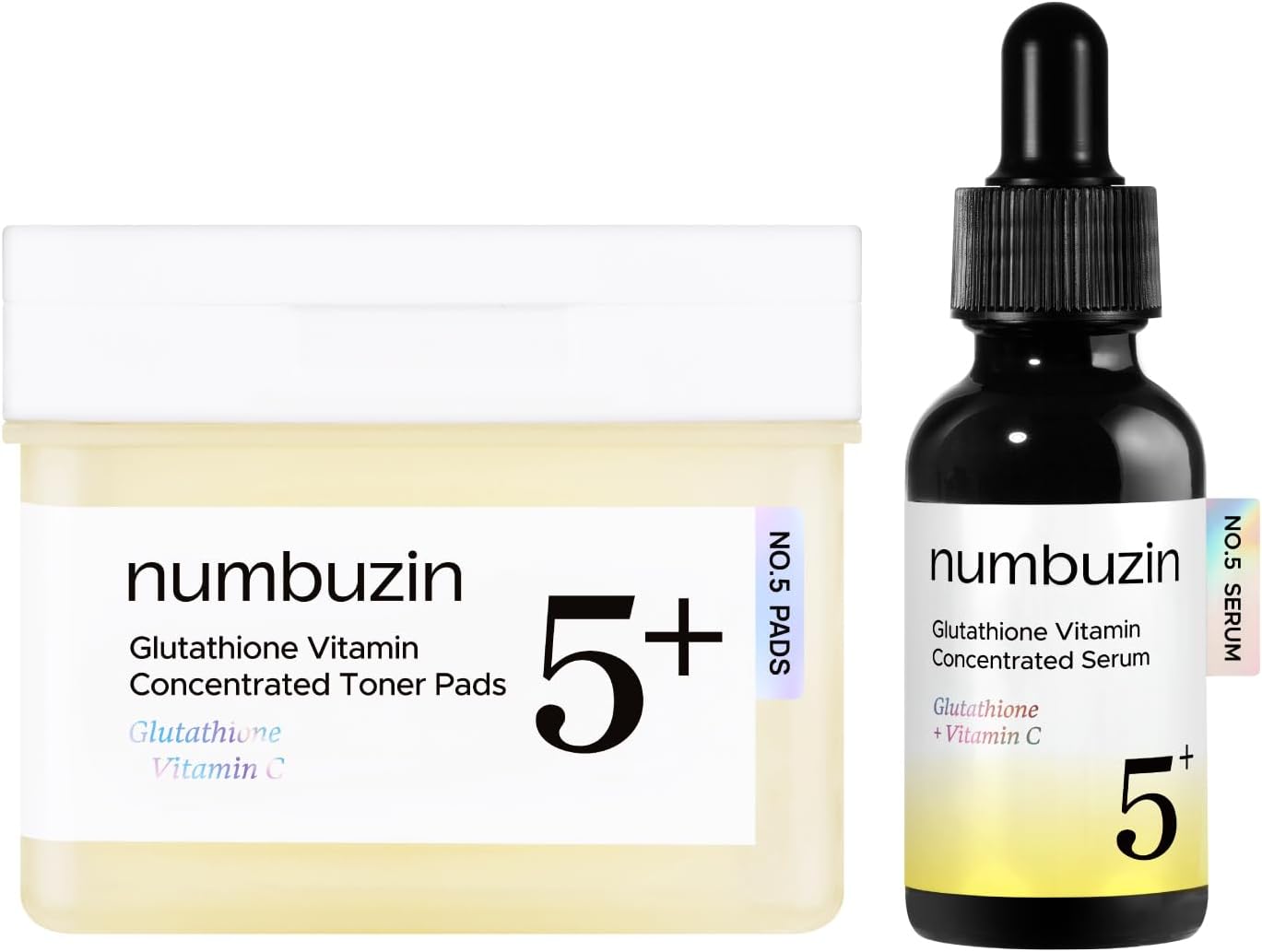 Numbuzin Number Five Glutathione Dark Spots Set front view showing serum bottle and toner pad container for hyperpigmentation treatment.