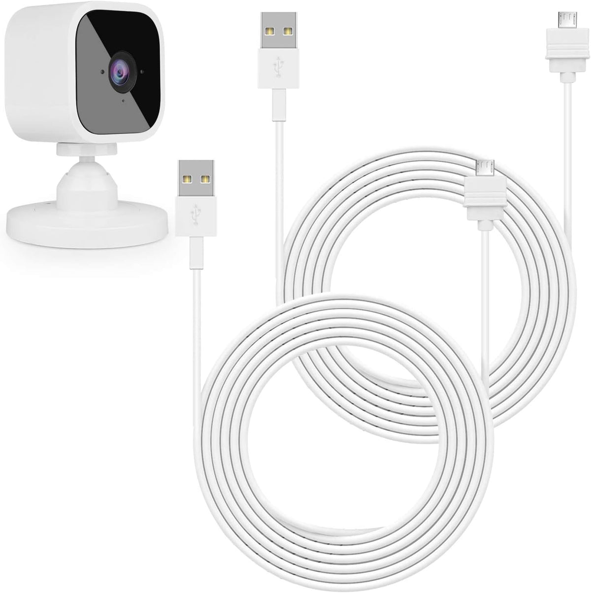 Zeshbit 2Pack 25ft Power Cable for Blink Mini front view showing two white micro USB cords neatly coiled.
