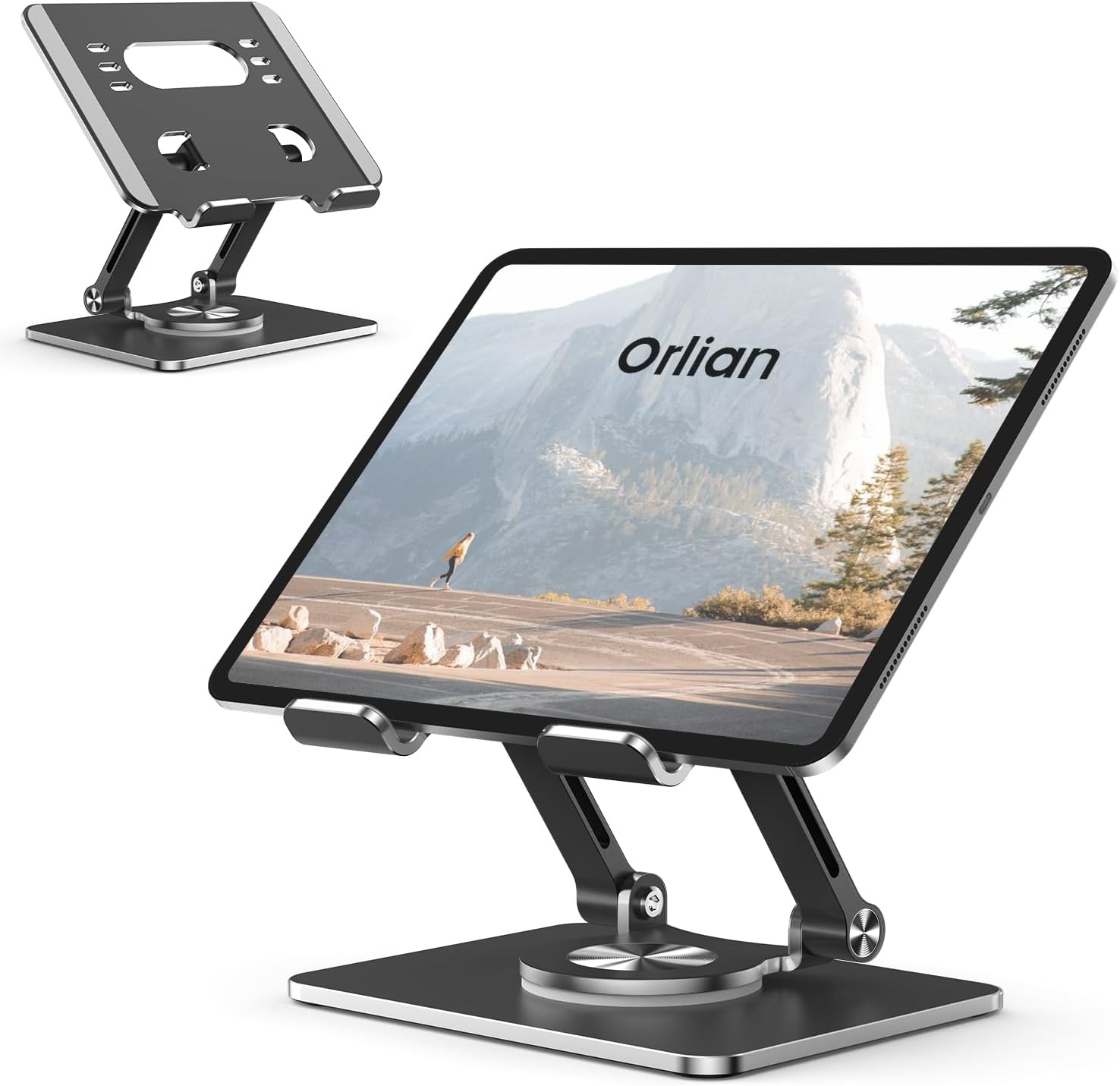 Orlian aluminum tablet stand holder front view on office desk