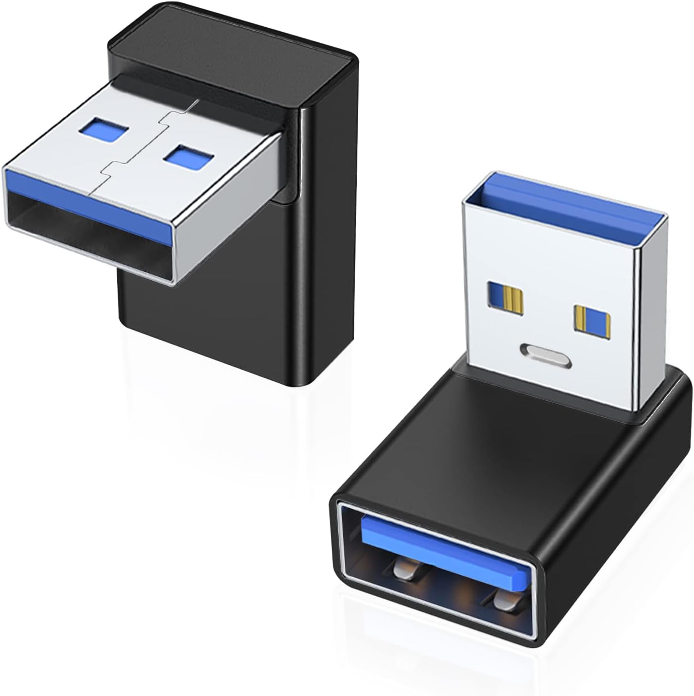 AreMe 90 degree USB adapter two pack front view showcasing upward angle design
