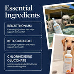 Close up of Veterinary Formula pet spray packaging highlighting paraben free and dye free formula