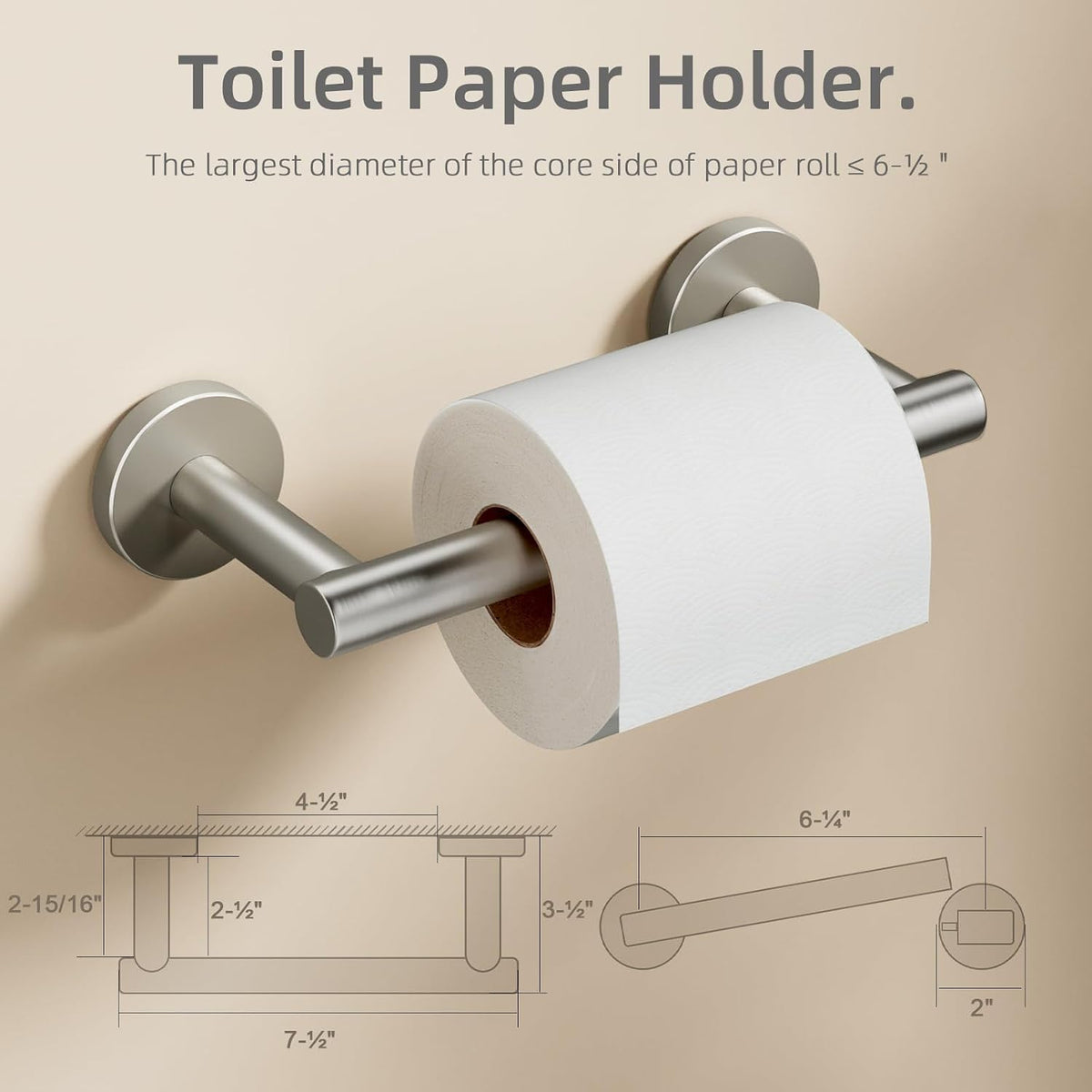 Pokim brushed nickel bathroom tissue dispenser installed on tile wall