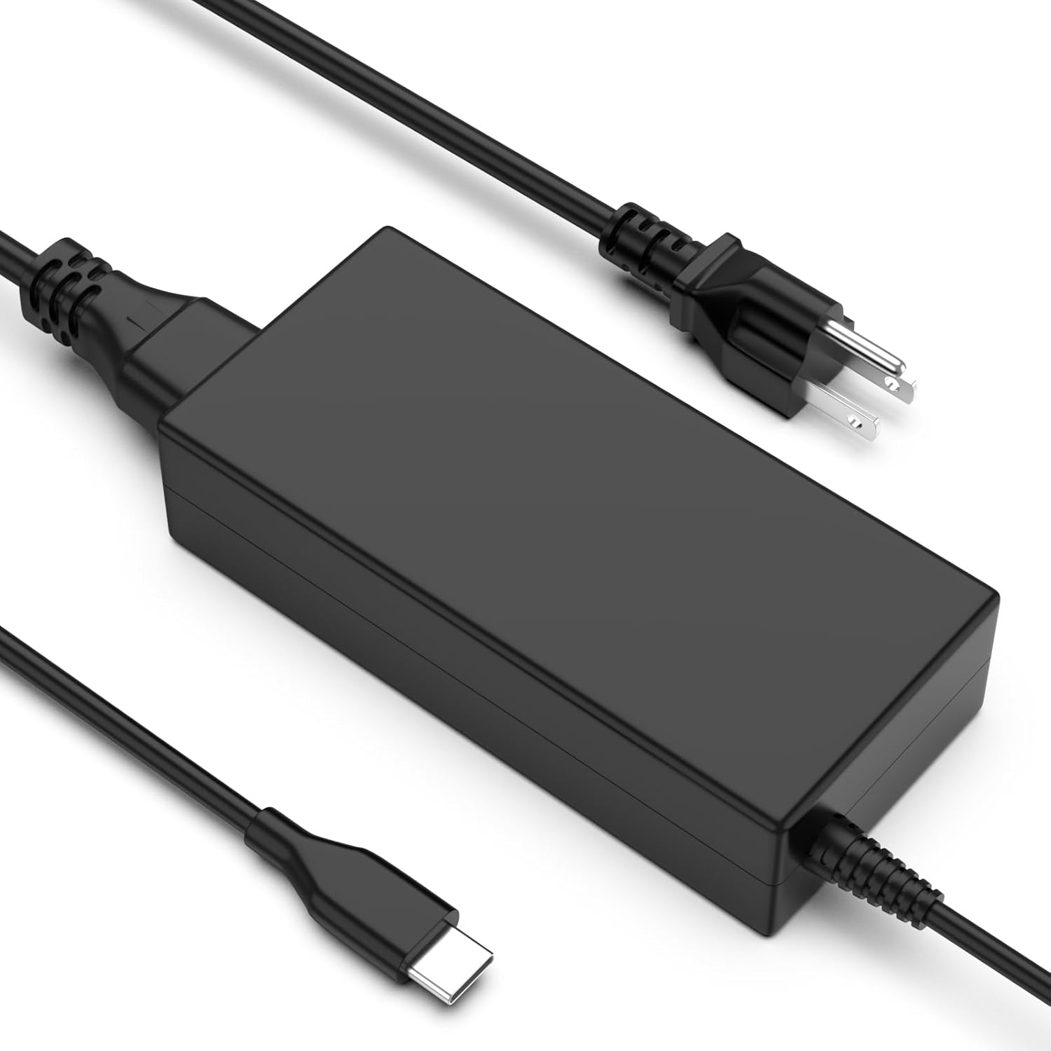 FSJTD universal laptop charger front view showing the sleek black rectangular power adapter block and attached type c cable.