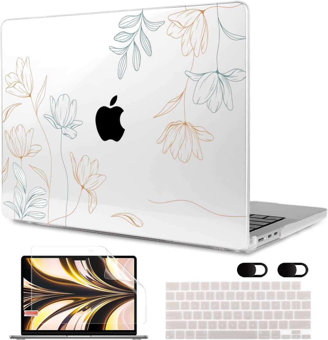MEEgoodo floral hard shell laptop case front view showing golden and blue engraved pattern