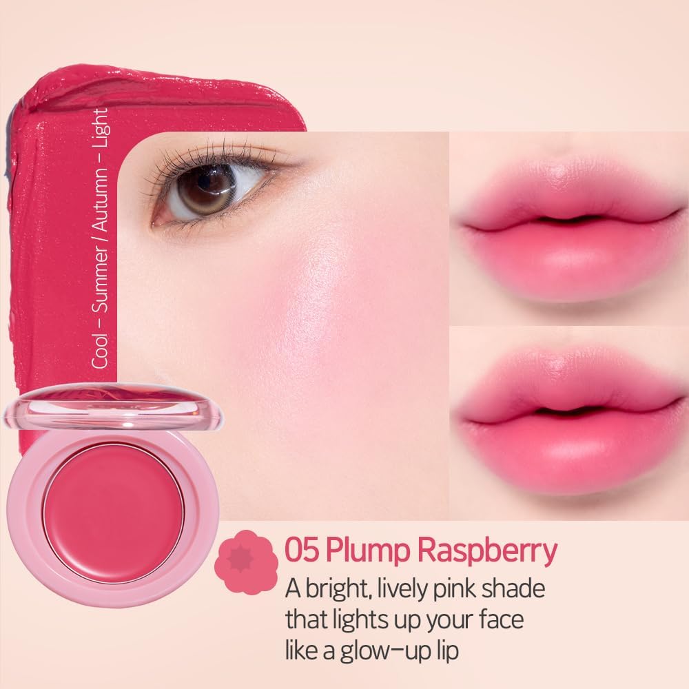 Etude multi-use cream blush and lip tint in the shade Plump Raspberry open with its heart puff.