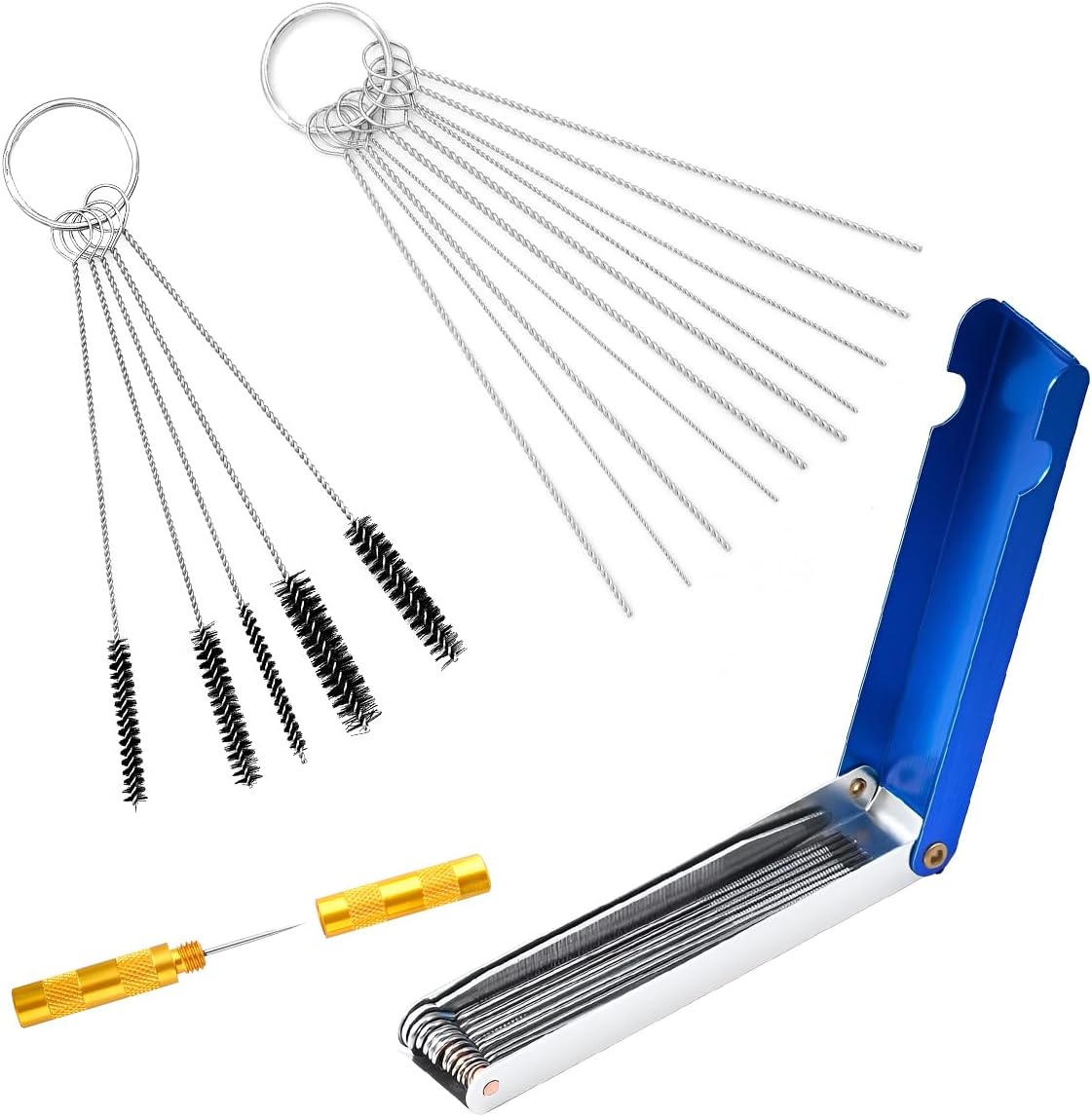 KHGUZ car carburetor cleaning kit front view showing full set of wire cleaners and nylon brushes for engine maintenance.