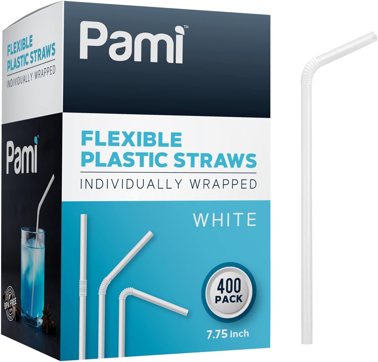 PAMI flexible plastic bent straws 400 count pack front view on table