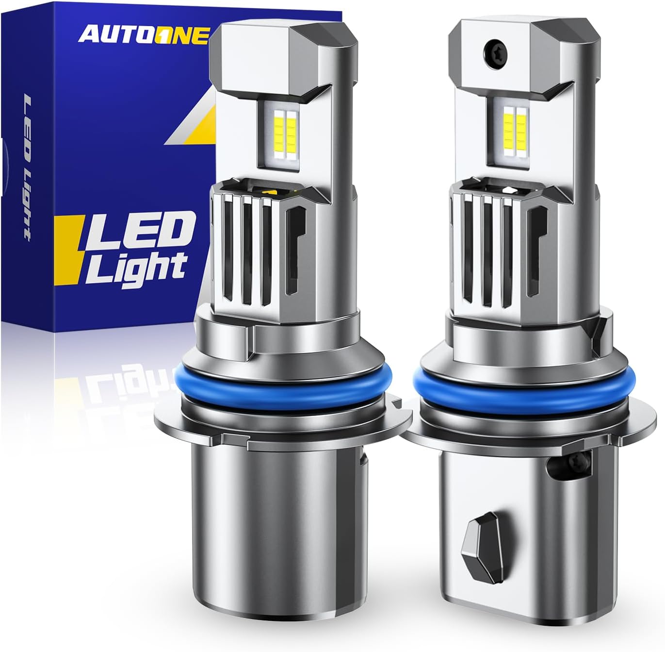 AUTOONE 9007 HB5 LED headlight bulb twin pack front view showcasing compact one to one size design