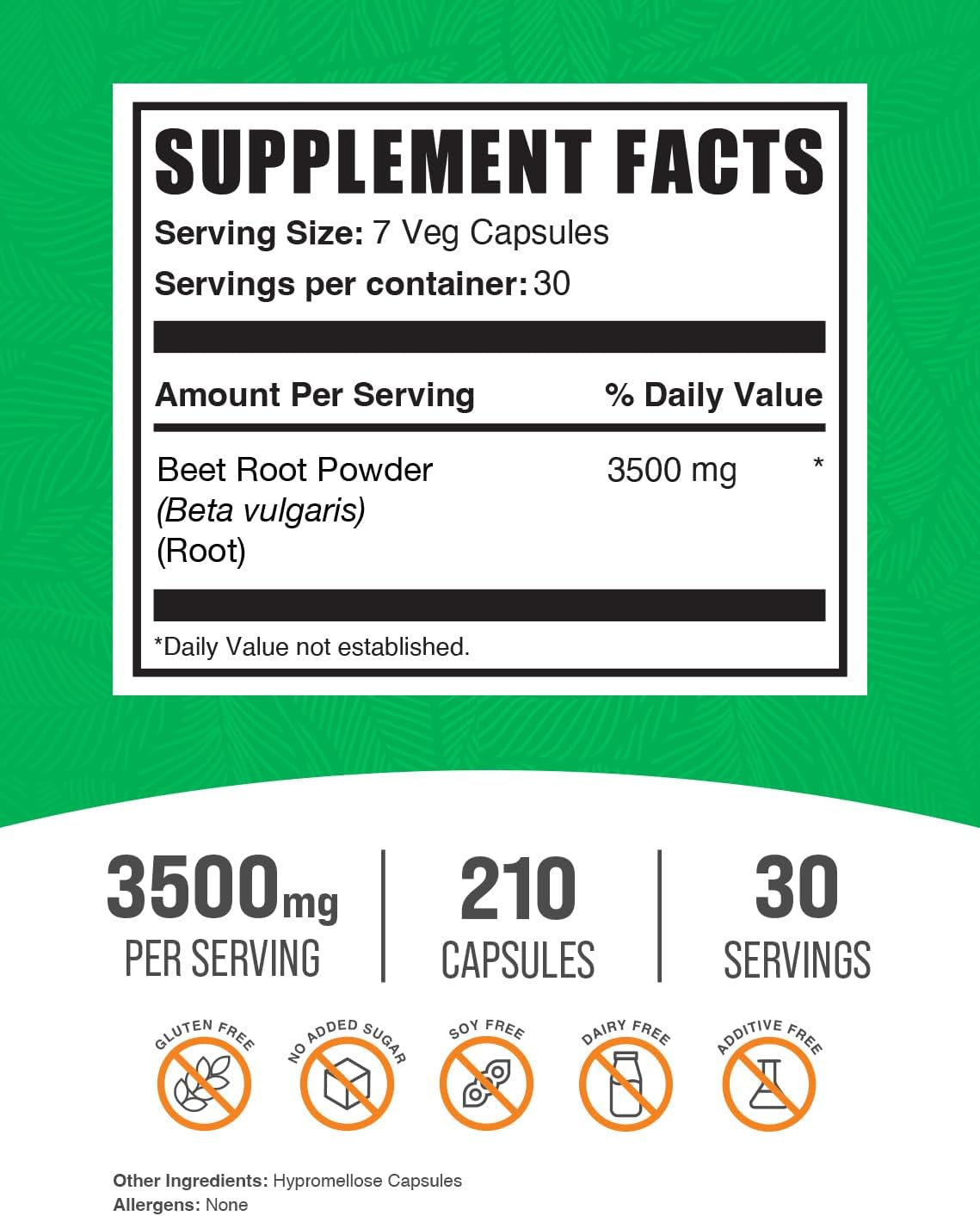 BulkSupplements Beet Root dietary pills supplement facts and serving size information label