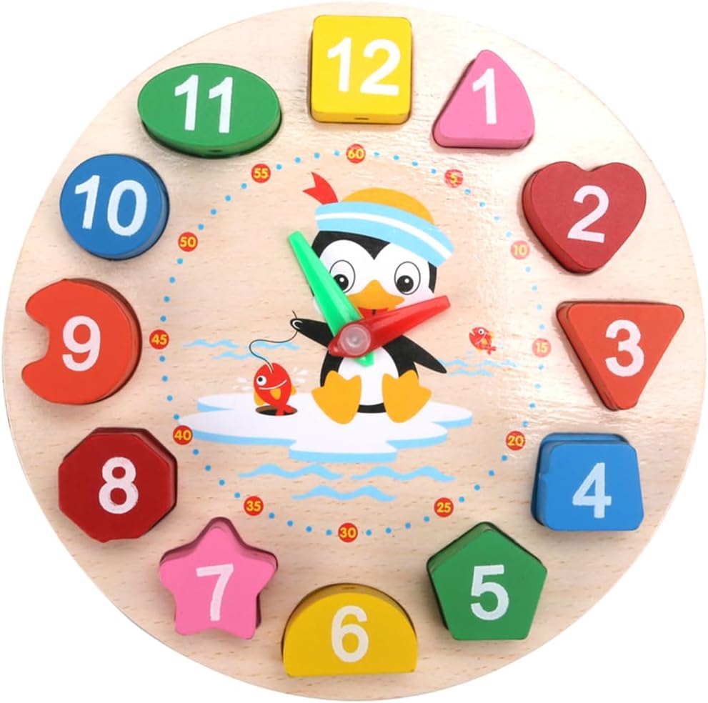 Shreevi Toyvian wooden teaching clock front view showing penguin pattern and colorful number blocks