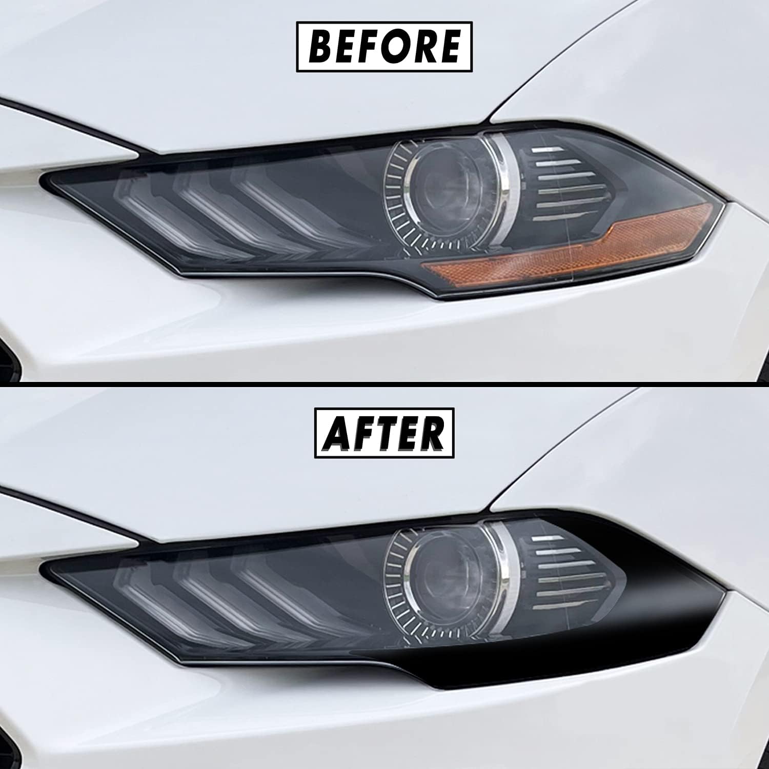 SlickMod Ford Mustang headlight smoke tint front view gloss black