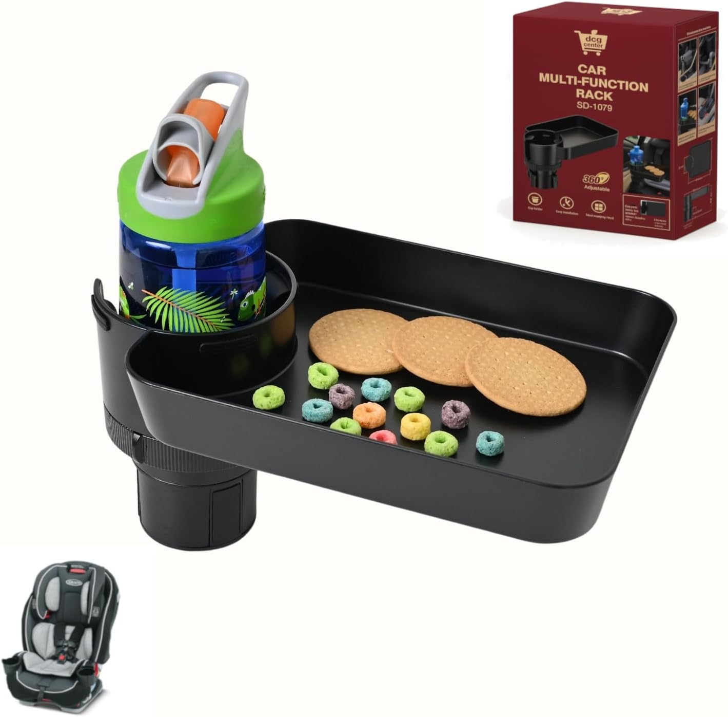 DCG Center Car Seat Tray front view showing the black plastic food surface and phone holder slot.