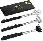 COEIVY 3 Pack Metal Portable Telescoping Back Scratcher front view showing three distinct scratching claws and colored rubber handles